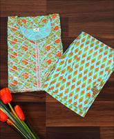 Cotton Block Print Sky Blue Kurti Set